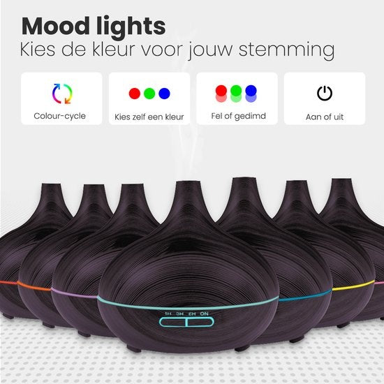 Auronic Aroma Diffuser - 300 ml - Luchtbevochtiger - 7 LED Kleuren - Incl. 2x Olie - Donkerbruin