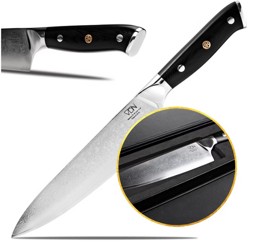 VDN Elegance Damaststaal Koksmes 21 cm – Zwart handvat, roestvrij staal
