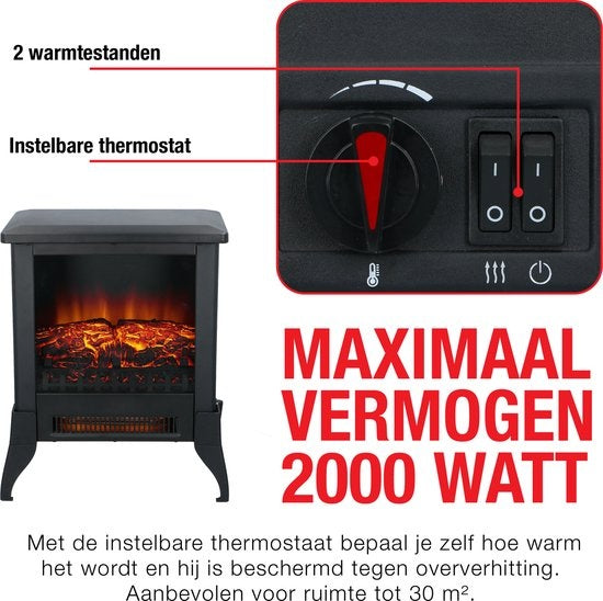 Classic Fire Elektrische Sfeerhaard Verona - Kachel 1800 en 2000W - Vrijstaande Haard - LED Vlammen - Zwart