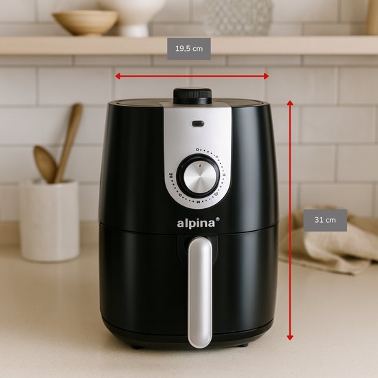 alpina Airfryer 2L - Heteluchtfriteuse 1-4 Personen - Air Fryer met Timer - Instelbare Temperatuur 80 tot 200 Graden - met Timer Functie - Heteluchtoven 900W