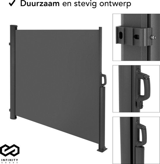 Infinity Goods Uittrekbaar Windscherm – 300 x 140 cm – Uitschuifbaar – Oprolbaar – Zonnescherm – Tuin, Strand, Terras, Balkon, Camping - Privacy – Zijluifel – Weerbestendig - Antraciet