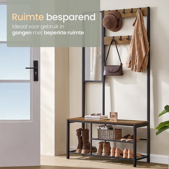 O'DADDY® Garderoberek Met Spiegel - Kapstok - Schoenrek - Kapstok staand - Vintage Look - Zwart en Bruin - Schoenenrek - kapstokken