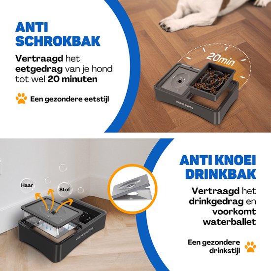 Vulpes Goods® Pets - Voerbak Hond met Standaard - Drinkbak Hond Anti Knoei - Anti Schrokbak Hond - Verhoogde Voerbak - 4 Hoogtes - Slow Feeder - Dubbel - Zwart