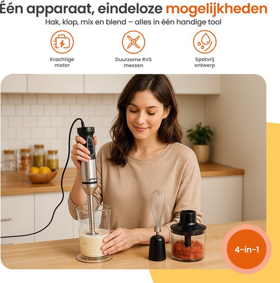 Goliving Staafmixer Set 5-in-1 - Hakmolen - Maatbeker - Garde - 1000W - Vaatwasserbestendige Accessoires - RVS - Zwart
