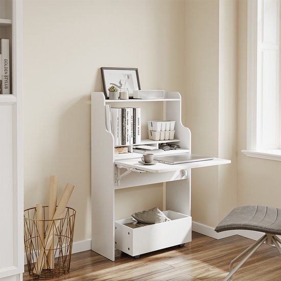 SoBuy Wandklaptafel FWT105-II-W - Multifunctionele Ruimtebesparende Klaptafel met Wielen - Inklapbaar Bureau met Lade en Planken - Wit