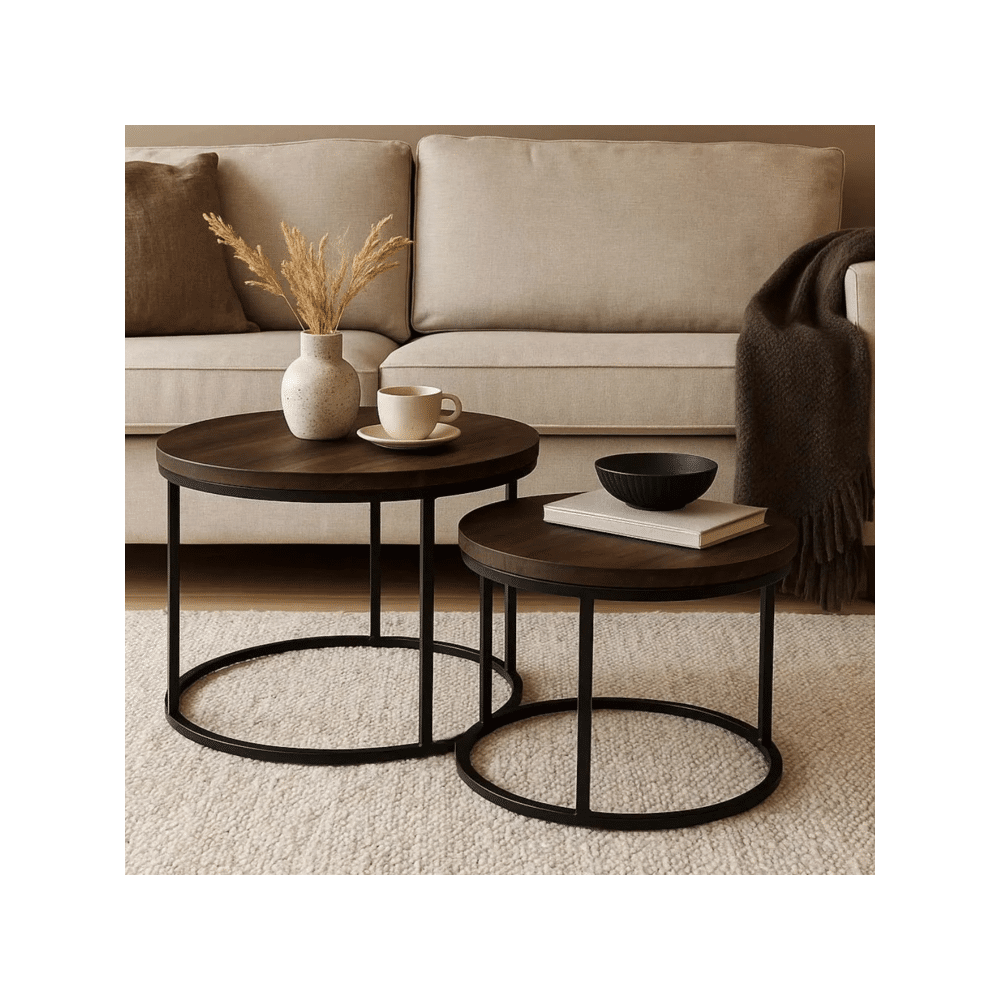 Home Styling Collection - Ronde Bijzettafels Set van 2 - Hout & Metaal - Ø57x45 cm / Ø50x35 cm - Industrieel & Modern