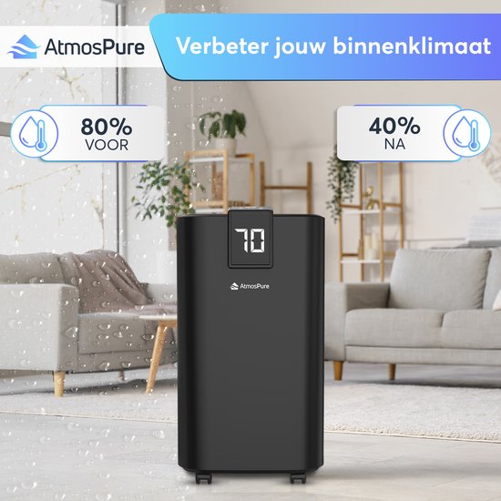 AtmosPure AirDry Elite Luchtontvochtiger - Ontvochtigt 12 Liter per Dag - Wasdroogfunctie - Zwart