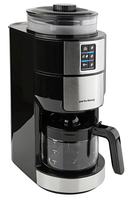 Privileg – Koffiezetapparaat met Ingebouwde Koffiemolen – Voor Koffiebonen & Gemalen Koffie – Met Digitaal Display & Timer – Exclusief Koffiekan – Zwart & Zilver Kunststof