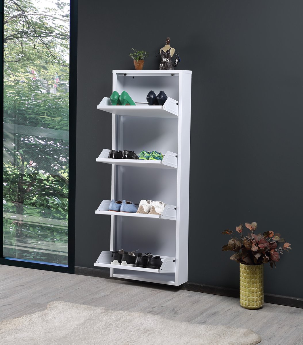 Bizotto Schoenenkast - 4 Lades - Metaal - 139 x 50 cm - Wit