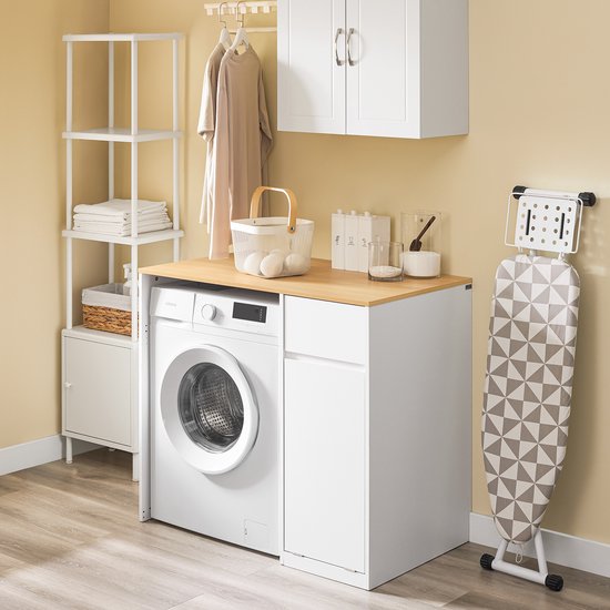 SoBuy Wasmachinekast - Badkamermeubel - Wasmand en Lade - hout - wit - 100 x 60 x 90 cm - BZR217-WN