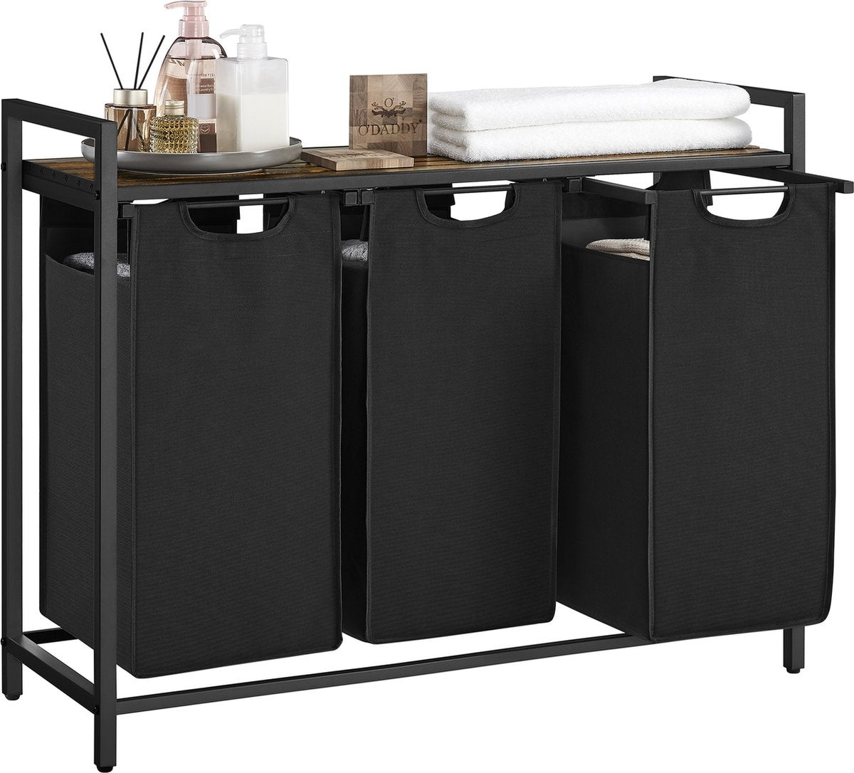 O'DADDY Wasmand met 3 Vakken – Houten Bovenblad & Metalen Frame – 114L – 92,5 x 33 x 71 cm – Zwart & Rustiek Bruin