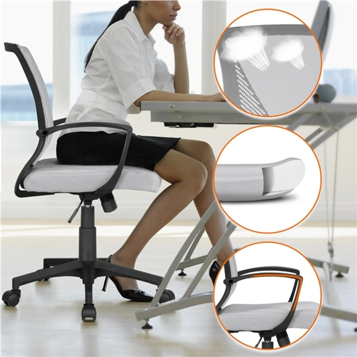 Yaheetech Bureaustoel Ergonomisch – Voorzien Van Ademende Meshstof En Schommelfunctie En Verstelbare Zithoogte – Voor Kantoor En Studeerkamer – Grijs Nylon En Metaal – 60 x 60 x 91-100,5 cm