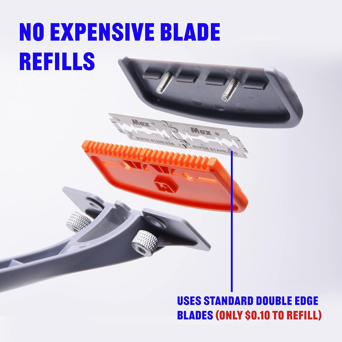 BRO SHAVER 2.2 Rugscheerapparaat voor heren – 43 cm, roestvrij staal, 2 scheerinstellingen, geschikt voor universele dubbele mesjes, grijs