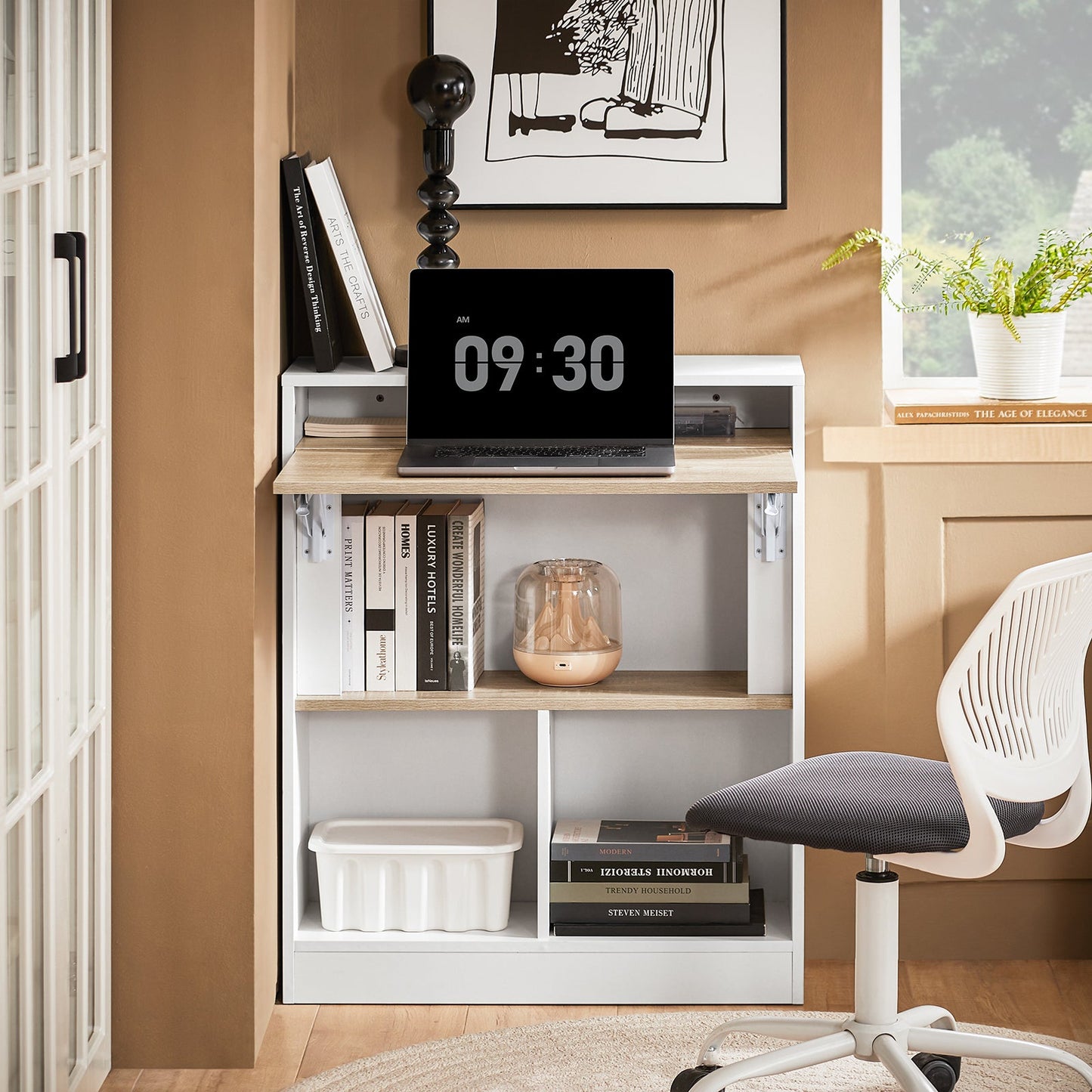 Ruimtebesparend Opvouwbaar Bureau met Opbergplanken – SoBuy FWT104-WN - wit - 70 x 57 x 85 cm