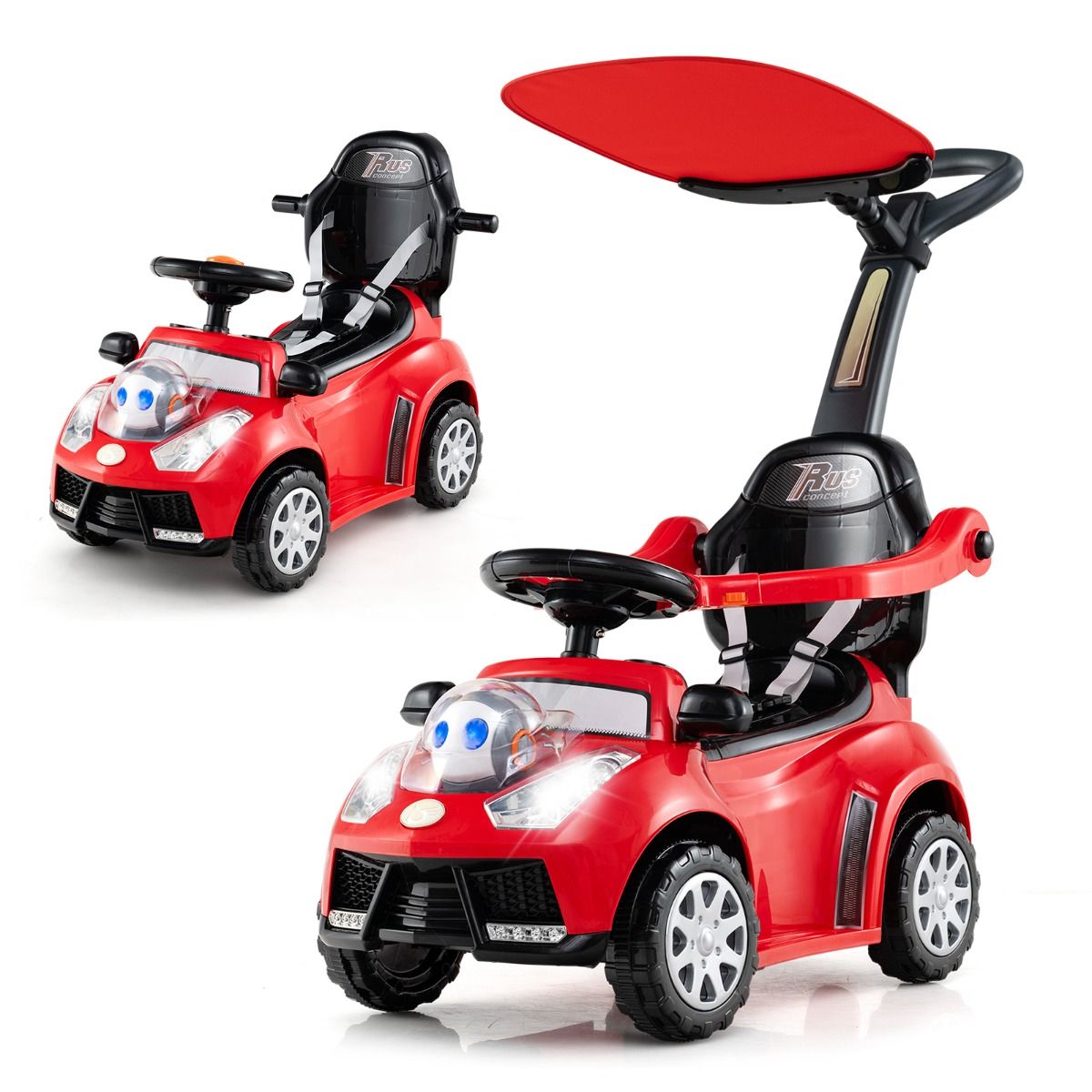 Coast 3-in-1 Loopauto met duwstang - opbergruimte - verstelbare zonbescherming - rood