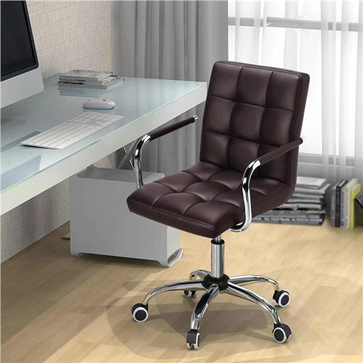 Yaheetech Bureaustoel Met Verstelbare Zithoogte – 55 x 60,5 x 86,5-102 cm – Voorzien Van Comfortabele Schuimvulling En Geluidsdempende Wielen En Gegalvaniseerd Metalen Frame – Voor Kantoor En Thuiswerkplek – Bruin Kunstleer En Metaal