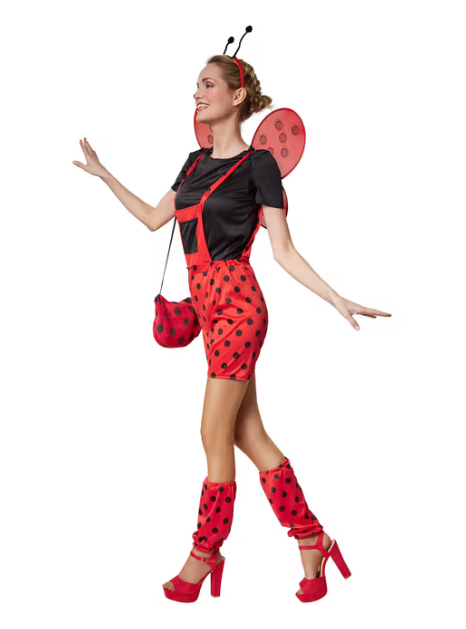 DressForFun – Marina Lieveheersbeestje Kostuum – Maat S – Rood & Zwart Polyester – Gestippelde Tuinbroek & T-shirt – Inclusief Beenwarmers & Haarsieraad – Carnavalskleding voor Dames