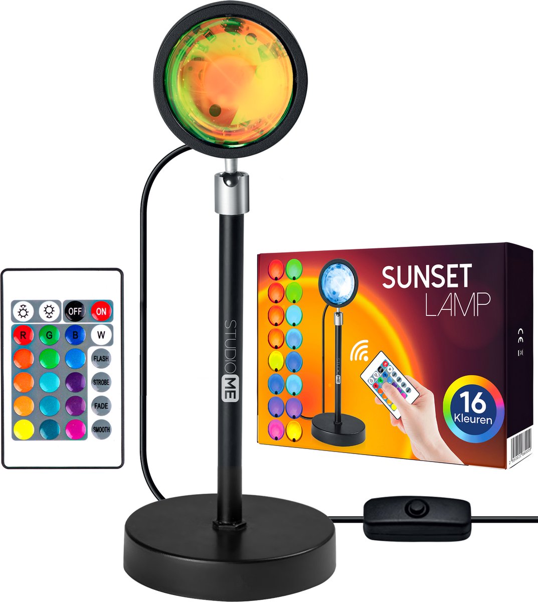 Studio ME Sunset Lamp - Sfeerlamp - 16 Kleuren - Sfeerverlichting Binnen - Galaxy Projector Lamp - Incl. Afstandsbediening - Tiktok Lamp - 360° Draaibaar - Projectorlampen