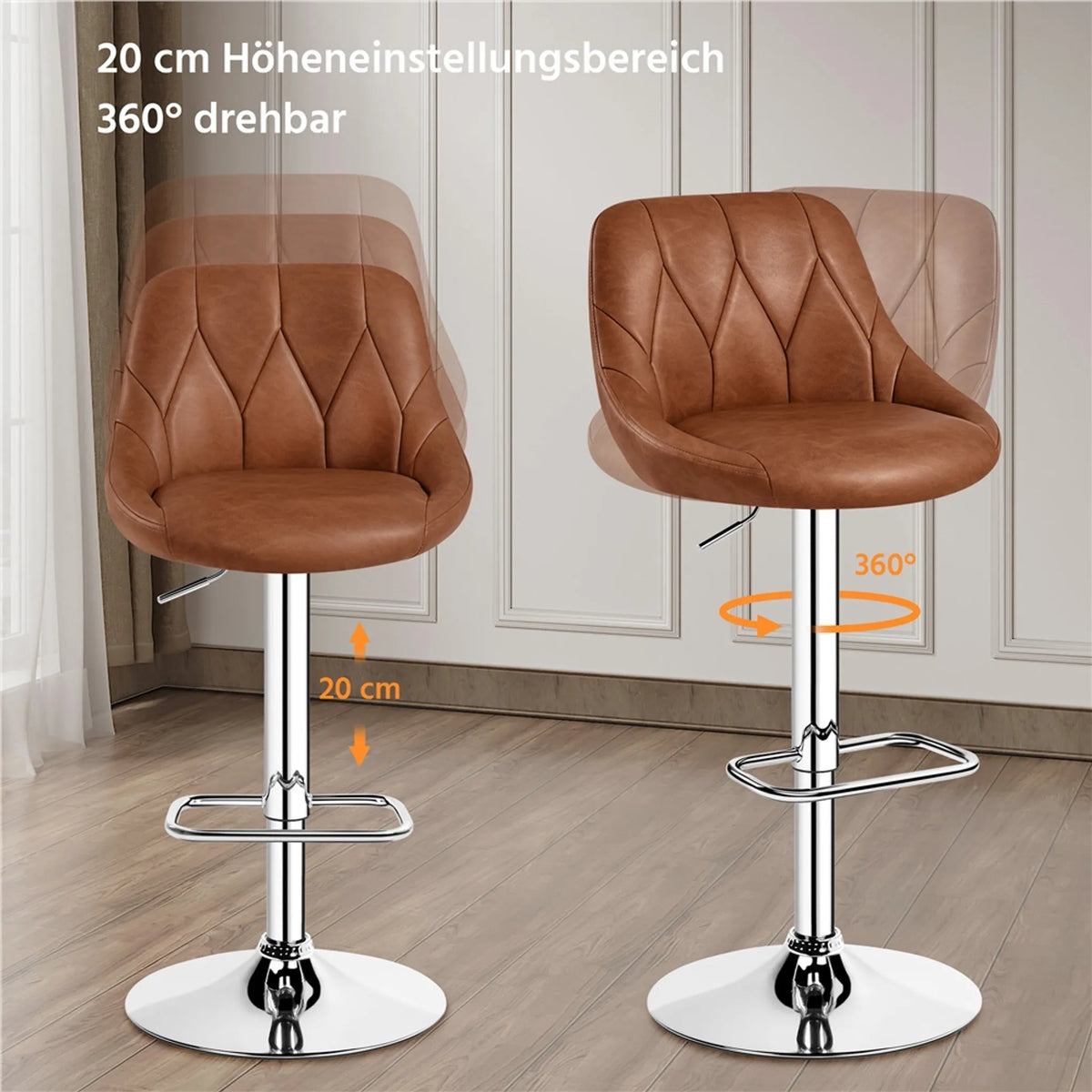 Yaheetech Set van 2 Verstelbare Barhocker / Barstoelen 86-107,5 cm – Sfeervol Bruin – Kunstleder en Metaal