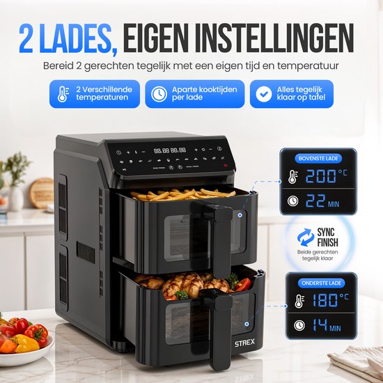Strex Airfryer Dubbele Mand 11L XXL Heteluchtfriteuse 2500W - Airfryer 2 Manden - Dual Basket - 13 Kookprogramma's - Airfryer Verticaal Groot voor Gezin