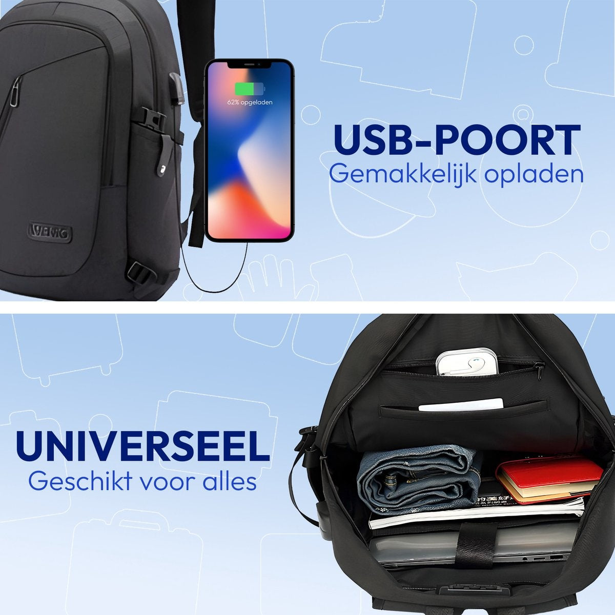 Laptop rugzak - Schooltas - Backpack - Laptoptas - USB oplaadstation - Waterafstotend stof - 14 t/m 15.6 inch - Zwart