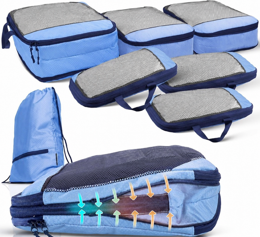 Packing Cubes Set van 7 - met compressie voor koffer en rugzak incl. pakzak, Mariner's Azure - Blauw