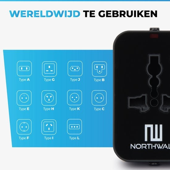 Northwall Universele Wereldstekker met 2 Fast Charge USB Poorten - Internationale Reisstekker voor 150+ Landen - Engeland, Amerika, Zuid Afrika, USA, Italië, Uk, Australië, India, ...