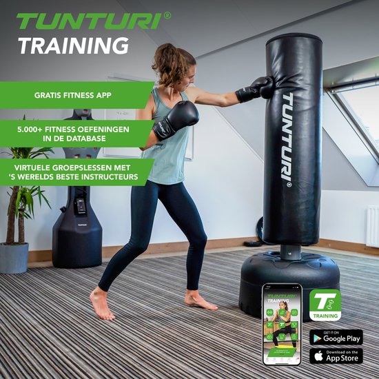 Tunturi Bokszak staand - Vrijstaande bokspaal - Makkelijk verplaatsbaar - 180 cm hoog - Met zand, grind of water vulbare voet - Zwart - Incl. gratis fitness app