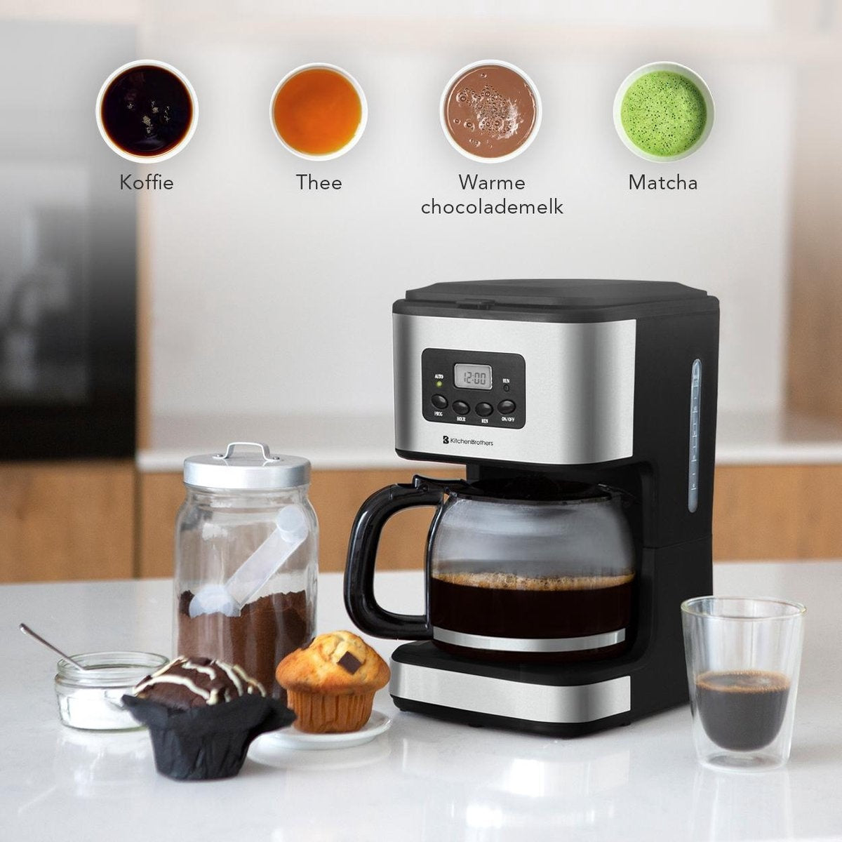 KitchenBrothers Koffiezetapparaat - Koffiemachine incl. Glazen Kan - 1,5L - Herbruikbare filter - Timerfunctie - Zwart/RVS