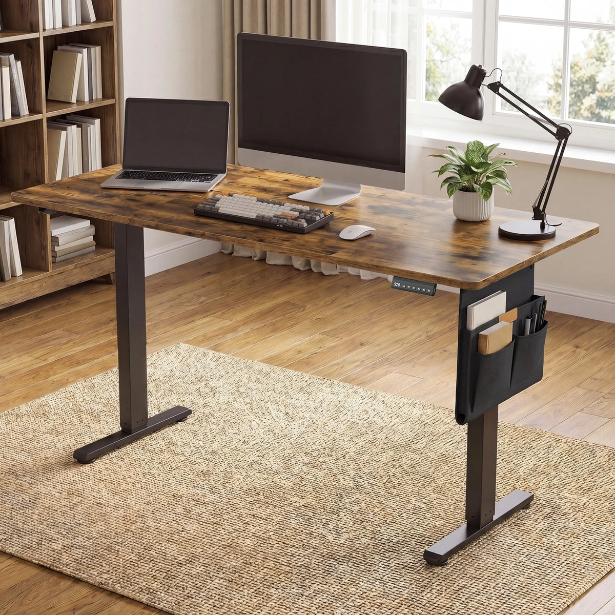 Joyfurnos Elektrisch Zit-Sta Bureau 140 x 60 cm - In Hoogte Verstelbaar met Geheugenfunctie - USB-C - Bruin