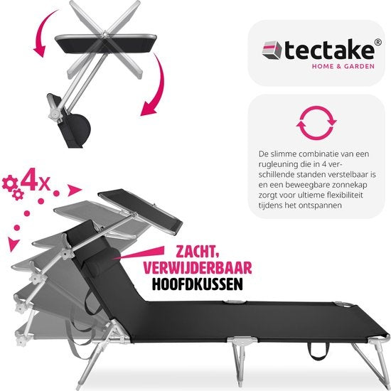 Tectake - Ligstoel - Stalen frame met schuifdak - robuuste, 4-voudig verstelbare rugleuning inclusief kussen - Ideaal voor tuin, zwembad, camping - Zwart