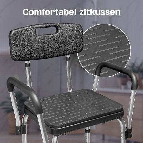 Sanicraft® Douchestoel - Douchekruk met Armleuning & Douchekophouder - Stoel & Kruk in 1 - Verstelbare Hoogte - Anti-Slip Poten - Zilver