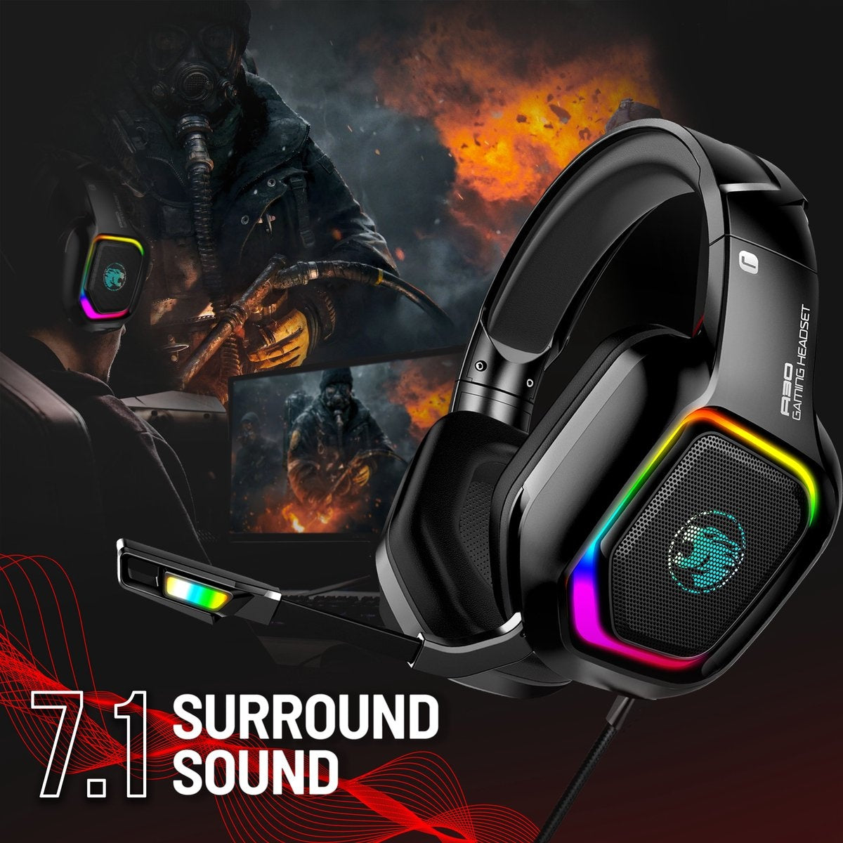 URGOODS Gaming Headset – Virtueel 7.1 Surround Sound  – 1 m kabel – Zwart/RGB