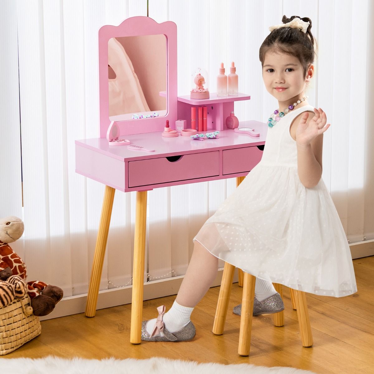 Coast Kaptafel voor kinderen - 2-in-1 met afneembare spiegel - twee lades en houten krukje - roze