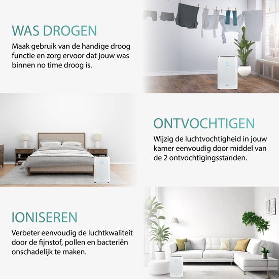 Aironex – Luchtontvochtiger En Luchtreiniger – 20 l Capaciteit & Met Wasdroogfunctie – Extreem Stil Met Led-Display – Voor Woonkamer En Slaapkamer – Wit Kunststof