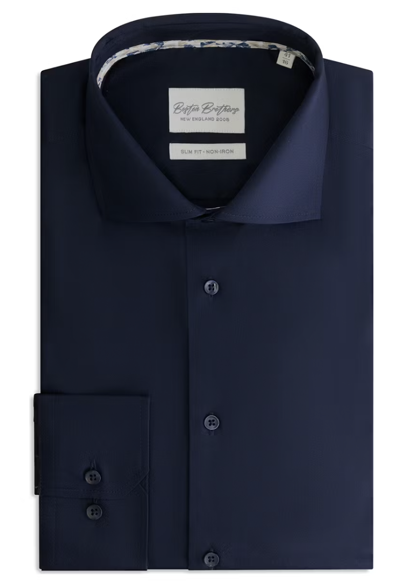 Boston Brothers – Business Overhemd Wide Spread – Maat 39 & Slim Fit – Met Contrasterende Knopen En Easy-Care Finish – Voor Formeel Gebruik – Navy Twill
