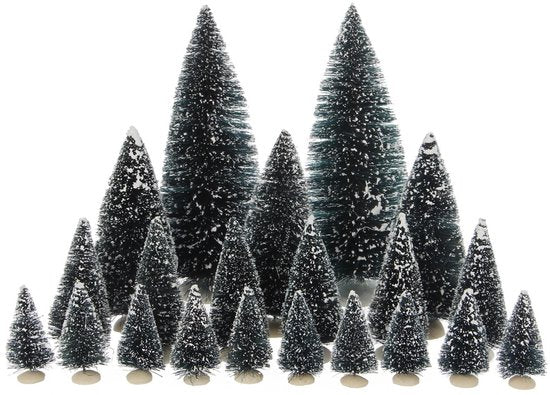 Luville Kerstdorp Miniatuur Bristle Bomen Set van 21 Stuks - Kerstversiering voor Binnen - Kerst Decoratie voor Kerstdorp - Diverse Hoogtes tot H22 x Ø8 cm - Groen