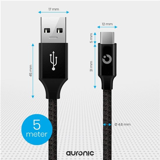 Auronic USB-C kabel - 5M - 2.4A - USB C naar USB-A - Gevlochten Nylon - Zwart