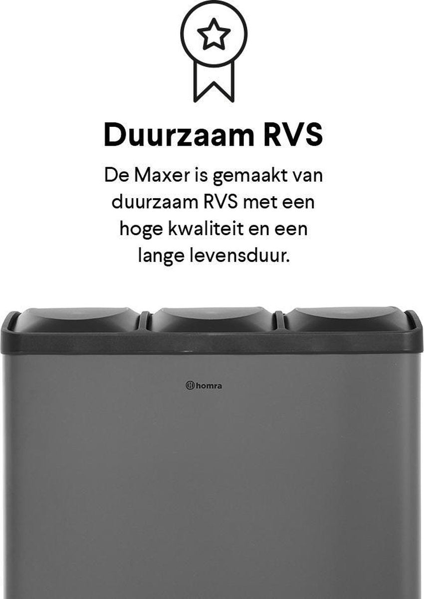 Homra Maxer Pedaalemmer 60 Liter - Grijze Prullenbak 3 vakken - Trio Prullenbak 3 X 20 Liter - Prullenbak Afvalscheiding - Vuilnisbak voor Huishouden en Kantoor - Recycle Vuilbak keuken Afvalemmer - Afvalscheidingsprullenbakken