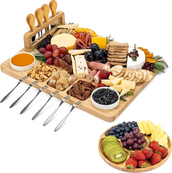 Kicinn Borrelplank - Tapasplank - Kaasplank - Serveerplank - Borrelplank Hout - Incl. Kaasmesjes, Vorkjes, schaaltjes en extra Serveerplank – Bamboe