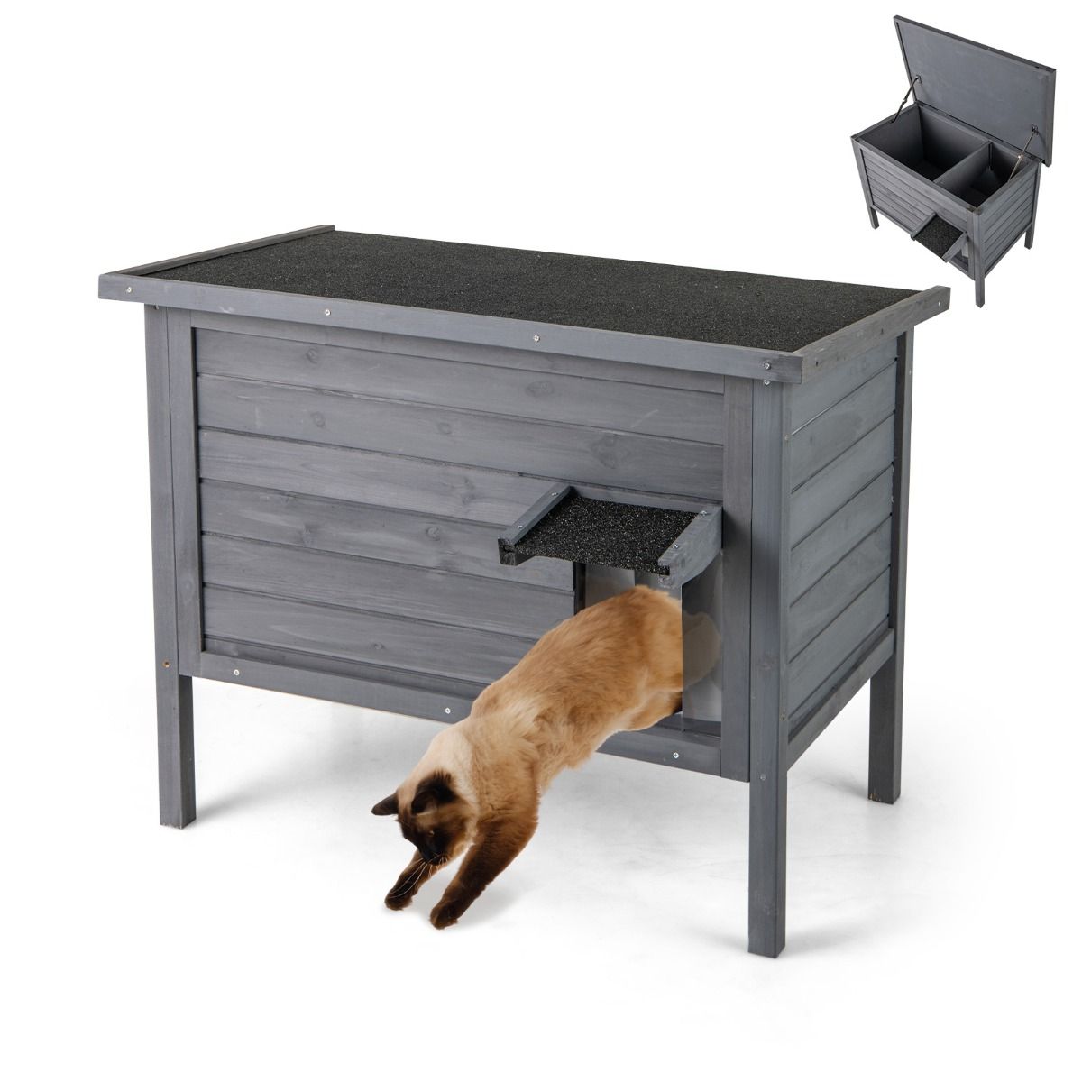 Coast Geïsoleerd kattenhuis voor buiten - houten schuilplaats met openklapbaar dak - donkergrijs 88 x 55 x 71 cm