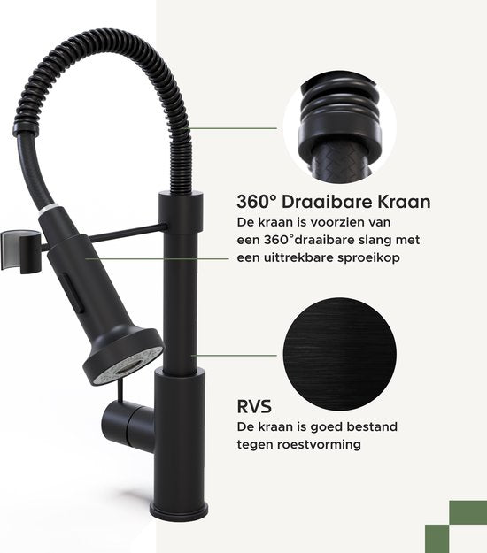 Noswo Keukenkraan met Uittrekbare Uitloop - Keukenmengkraan - Handdouche - Uittrekbaar - Flexibele Slang - Zwart