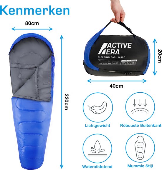 Active Era Professional Premium Slaapzak – 300 GSM Vulling en Waterafstotend – Mummieslaapzak met Binnenzak – 4 Seizoenen voor Kamperen, Camping, Backpacken, Hiken, Festivals, Logeren, Buitenhuis – Volwassenen & Kinderen – 220x80cm – Blauw
