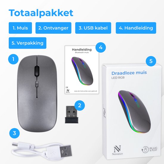 Nuvance - Draadloze Muis LED - Bluetooth - Ergonomisch - Laptop en gaming - Draadloos - Grijs