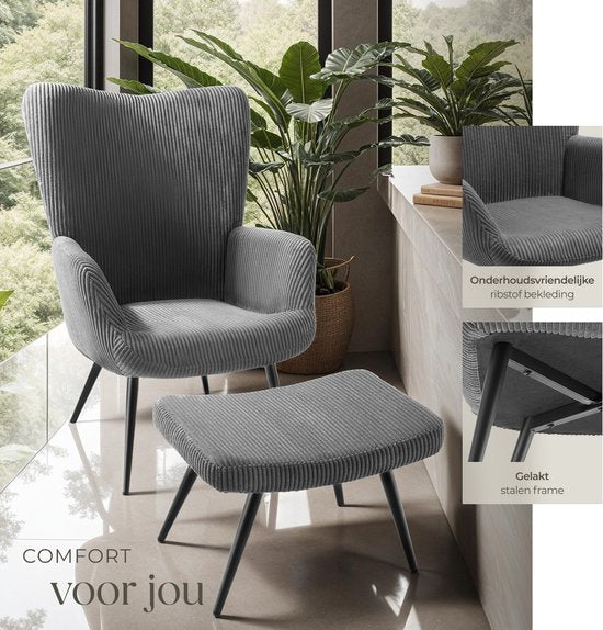 tectake® Oorfauteuil met Hocker – Scandinavische Teddy Bouclé Fauteuil – Lounge- en Woonkamerstoel – Zwart Metalen Poten – Draagvermogen 150kg – Corduroy - Grijs