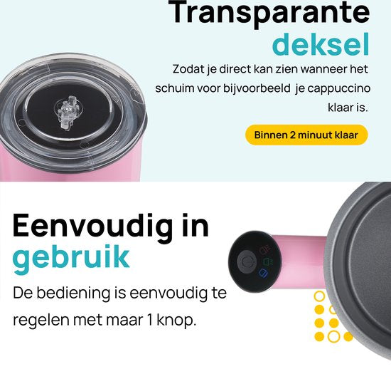 MOA Elektrische Melkopschuimer - 3-in-1 - Handige Melkschuimer - 330 ML - Voor Cappuccino - Melkklopper - Roze