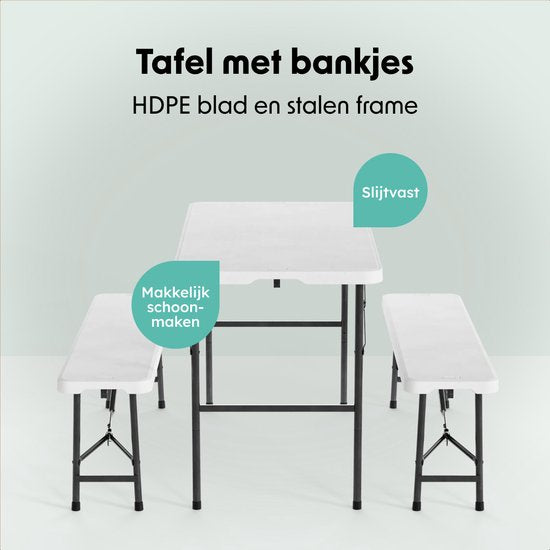LifeGoods Inklapbare Picknickset - 124cm x 61,5cm - Tuintafel met 2 Banken - Weerbestendig - Campingtafel - Biertafel Opklapbaar - Voor Binnen en Buiten - Voor 4 tot 6 Personen - Wit