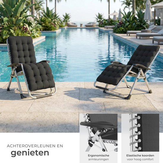 tectake® Opvouwbare Ligstoel Cloud - Tuinstoel met Tafeltje - Bekerhouder - Traploos Verstelbaar - Voor Balkon, Camping of Tuin - Relaxstoel met extra dik Kussen - Strandstoel - Ligbed - Div. kleuren - Zwart