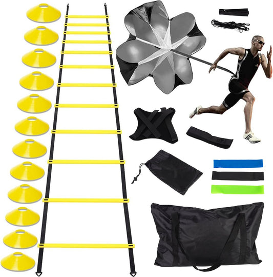 Volcan Voetbal Trainingsmateriaal Set - Training Spullen - Trainingshoedjes - Pionnen - Speedladder - Kegels - Weerstandsbanden - Weerstandsparachute - Baltrainer - Incl. draagtas