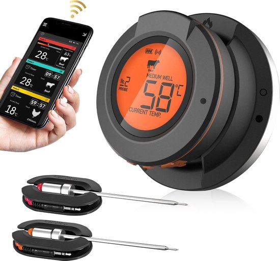 MostEssential AT-02 Vleesthermometer - Incl. Bluetooth, App & 2 Meetsondes - Zwart
